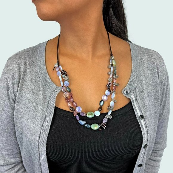 Double Strand Genuine Stones Necklace On Leather - Picture 2 of 2